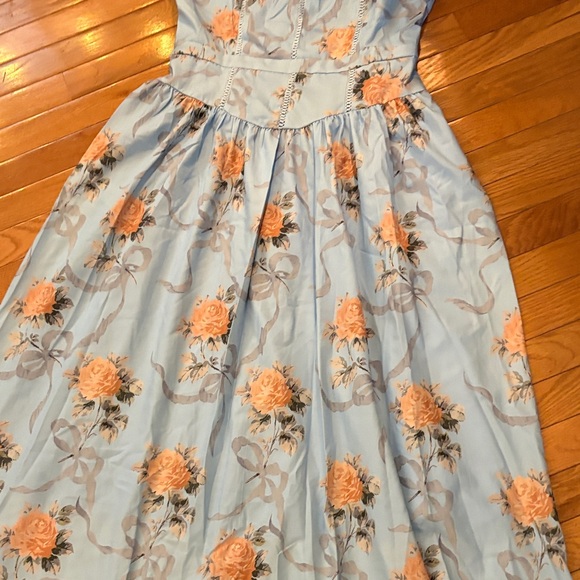Light Blue Floral Maxi Dress with Peach Rose Print - Picture 4 of 10